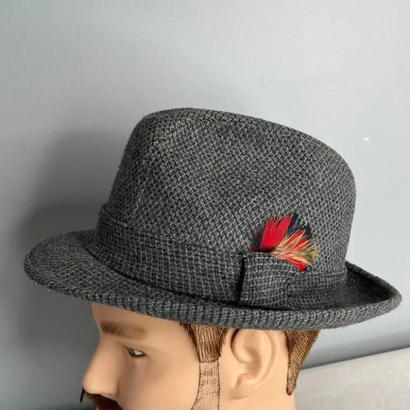 VINTAGE Union Made Mens Wool Feather Dimpled Fedora Grey Tweed Lined 6 3/4 - Picture 9 of 9
